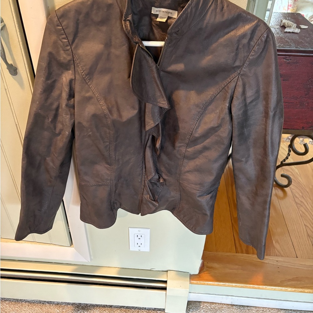 Boston Proper Dark Brown Leather Jacket. Ruffle - Picture 2 of 10